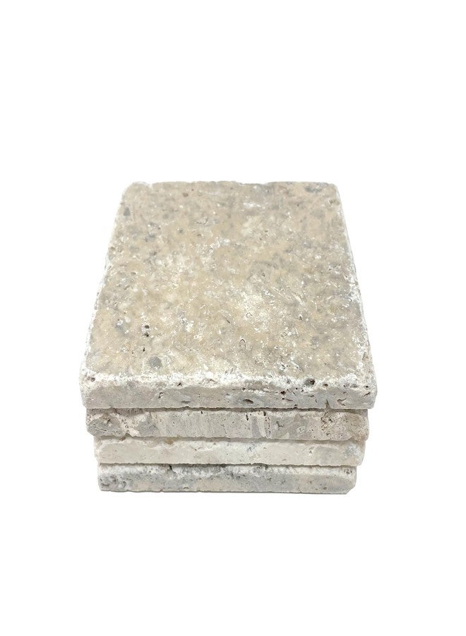 Marble Object Beige 4'' X 4'' Travertine with Fossil Coasters Stone Drink Spills Coasters Tumbled Stone Set of 4 Pieces - Image 1